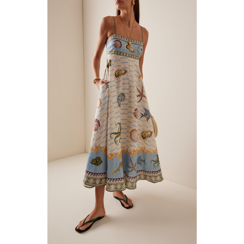 ALEMAIS + Sam Pauletto Bath House printed smocked linen midi dress US 2 - Picture 3 of 11